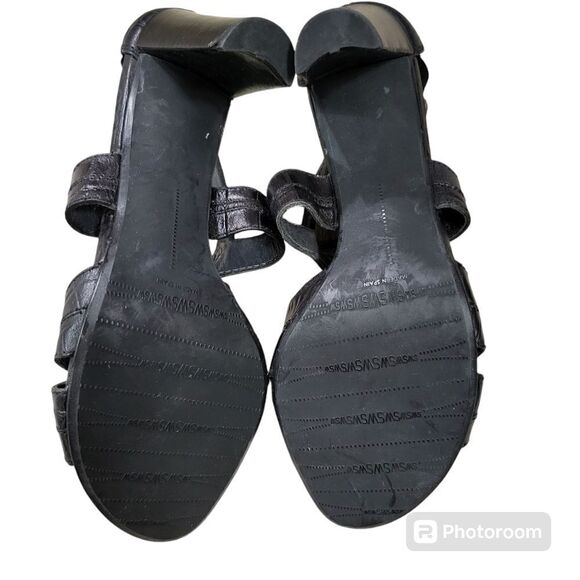 STUART WEITZMAN‎ BLACK SNAKE PRINT STUDDED LEATHER SANDALS HEELS sz 8.5 - Picture 2 of 8